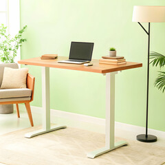 Home office setup with standing desk and neutral tones