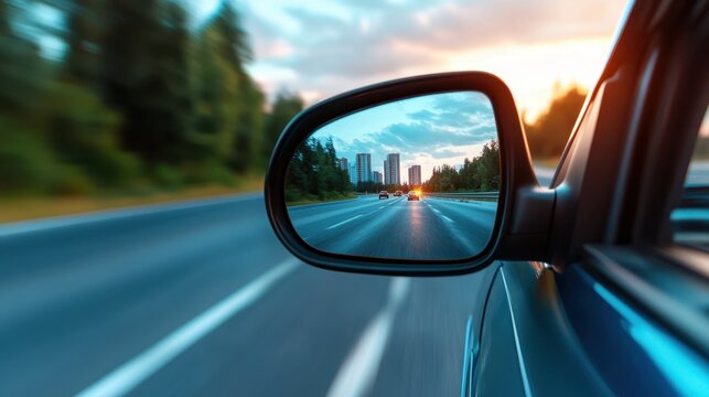 A dynamic view of a cityscape captured in a rearview mirror, showcasing movement and transition, inviting thoughts about the journey and the passage of time.