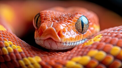 Fototapeta premium A detailed close-up of an orange snake, highlighting its colorful scales and striking eyes, symbolizing beauty and intrigue in the natural world.
