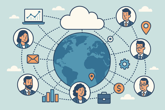 Global business network with cloud computing. Worldwide communication, remote work, and international team collaboration. Vector illustration of interconnected people and data icons. - Powered by Adobe