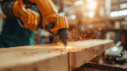 A skilled artisan uses an advanced tool on wood, capturing sparks as they create intricate designs, showcasing the marriage of artistry and craftsmanship.