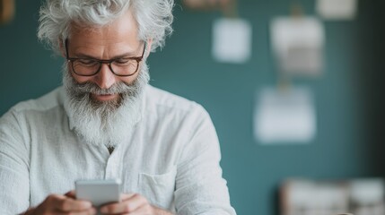 An older man with a joyful expression reads something amusing on his smartphone while seated indoors, illustrating the joy of technology connecting generations.