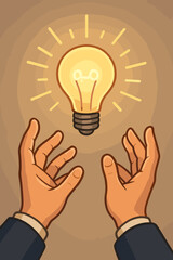 Businessman hands reaching for a glowing light bulb. Metaphor for innovation, creativity, and new ideas. Business concept for inspiration, solution, success, and eureka moment.