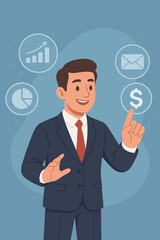 Businessman managing business with a virtual interface. Concept for digital marketing, data analysis, financial growth, and online payments. Corporate technology innovation cartoon.