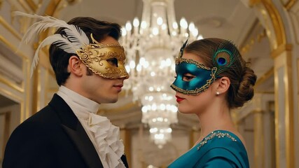 Elegant masquerade ball in grand hall with masked couples