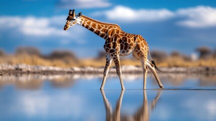 A stunning photograph of a giraffe gracefully walking near a tranquil water body, reflecting its beautiful patterns against a scenic backdrop of a bright blue sky.