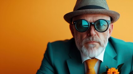 A distinguished older man in a stylish suit, fedora, and sunglasses exudes charisma and confidence, against a vibrant, colorful background that emphasizes his unique fashion sense.