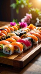Delicious Sushi Platter on Wood.