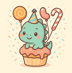 Cute dinosaur in cupcake cartoon vector icon illustration animal food icon isolated flat

