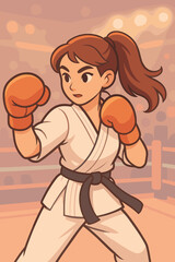 Young female martial artist in a gi and boxing gloves training for a fight. Strong woman kickboxer or MMA fighter in a ring. Karate girl in combat stance. Vector cartoon illustration.