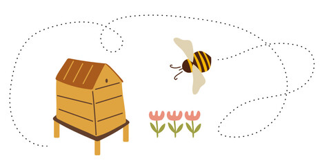 Bee is flying from flower to home. Flight of the bee. Summer illustration. Healthy eating.