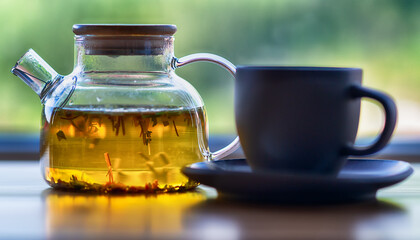 A teapot with its contents and a cup and saucer are present on the table.