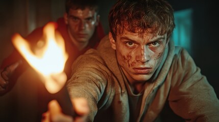 A gripping image captures two young men in a dark space, one wielding a torch and displaying fear, creating an intense narrative filled with drama and urgency.
