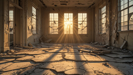 Sunlight shining through windows of abandoned building