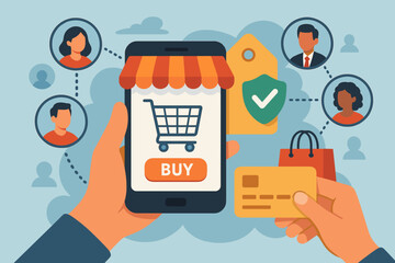 Mobile online shopping and secure payment illustration. Smartphone ecommerce, digital transactions, customer network, credit card checkout, internet retail, buyers, social commerce