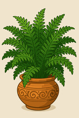 Lush green fern plant thriving in a decorative ornamental terracotta pot. Vector cartoon illustration. Potted houseplant with foliage leaves for home decor and design. Isolated botany concept.