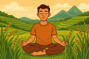 Tranquil Meditation Lotus Pose in Lush Green Rice Field Terrace Scene. Serene Landscape with Mountains, Calm Nature Retreat, Mindfulness Practice, Peaceful Yoga Outdoors. Vector Cartoon Illustration