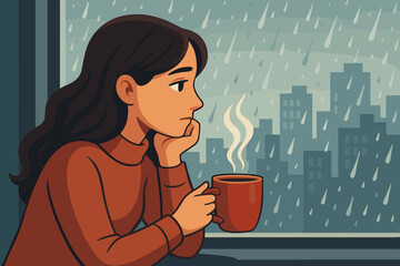 Thoughtful woman enjoying hot coffee indoors by large window on rainy day, cityscape background, cozy autumn mood, relaxation, solitude, self-care concept, modern vector illustration