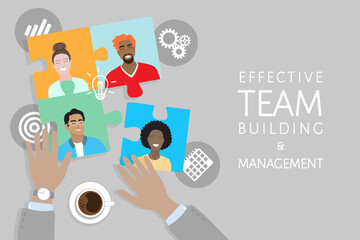 Business HR manager building successful effective team, hands solve jigsaw puzzle with employees, personnel productivity skills icons, top view table. Leadership, corporate teamwork Flat vector banner