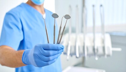 Dentist holding dental tools.