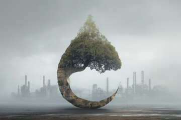 Tree growing in the shape of a water droplet, surrounded by an industrial background and subtle mist.