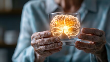 An elderly person holds a transparent glass with a glowing brain representation, symbolizing knowledge, wisdom, and the human spirit, ideal for health and research themes.