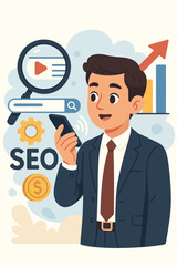 Digital marketing SEO strategy with businessman using smartphone for voice search, analytics, growth arrow, magnifying glass, gear, financial success concept. Vector illustration
