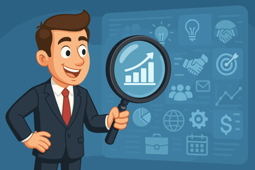 Happy Businessman Character Analyzing Business Data for Growth and Success with Magnifying Glass on Digital Interface, Exploring Financial Strategy and Solutions, Vector Cartoon Illustration