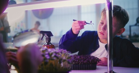 Talented Boy Sitting at Table and Using Smartphone, Conducting Biology Experiment on Plants Under Grow Light Using Tweezer. Primary School Children During Science Lesson in Classroom. STEM Education.