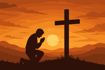 Silhouette of Man Praying at Cross on Hill with Sun Setting, Peaceful Christian Worship, Faith Hope Spirituality, Evening Prayer, Sunset Landscape Background, Religious Vector Illustration
