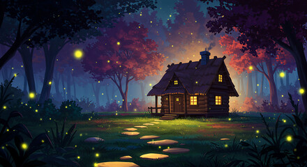 Fototapeta premium Fantasy-style illustration of a small cabin in a glowing forest clearing, with fireflies and moonlight.