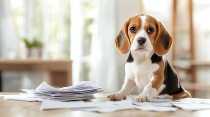 Obraz na płótnie Canvas An adorable beagle puppy curiously examines scattered papers on a table, showcasing the playful and mischievous spirit of pets in a home setting filled with warmth and charm.