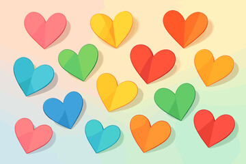 Colorful paper hearts background for Valentine's Day. Vector illustration of love symbols in rainbow colors for greeting card or wedding invitation. LGBT pride month concept.