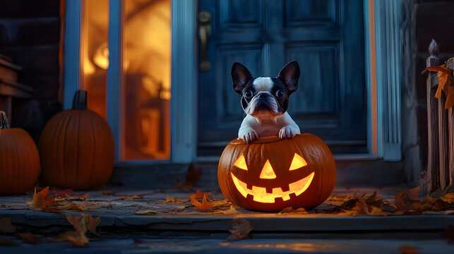 Boston Terrier puppy peeks out of a glowing jack-o'-lantern on a porch decorated for Halloween. Cute festive dog.