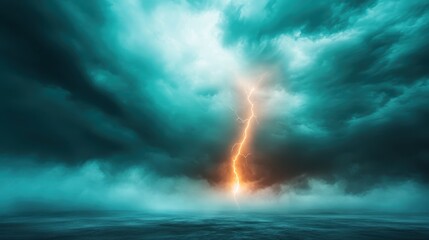 A powerful lightning bolt descends through dark, turbulent storm clouds, illuminating the ominous sky and reflecting the raw energy of nature's fury at its most intense moment.