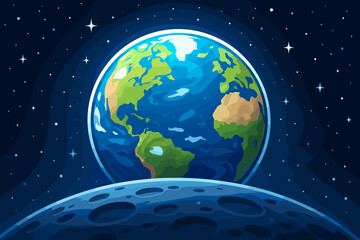 Earth Rising: Spectacular Blue Planet Vector Cartoon Illustration from Space, Vibrant Global Cosmic View Above Moon Surface, Environment, Science, Astronomy Concept