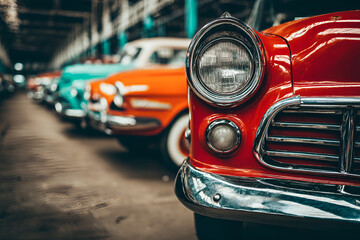 Classic red car leading colorful vintage cars in garage