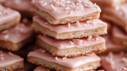 A mouthwatering stack of pink frosted cookies, elegantly layered and adorned with crushed candy, inviting viewers to indulge in this sweet and delightful treat.