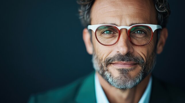 A charismatic man in fashionable glasses, exuding confidence and sophistication in a minimalist dark tone, suitable for themes of professionalism and self-assurance.