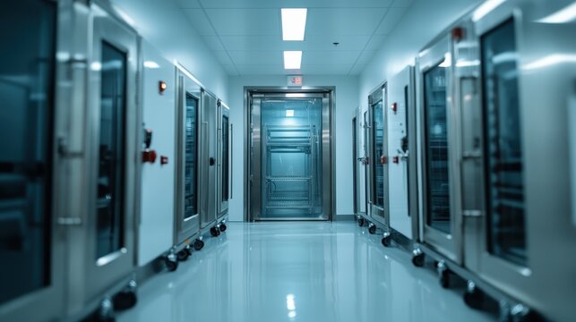 An interior view of a cold storage facility showcasing a sleek, sterile hallway lined with tall, silver refrigerators under bright, clinical lighting.