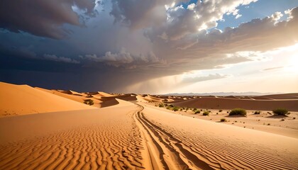 Desert storm with tire tracks, and sunset.