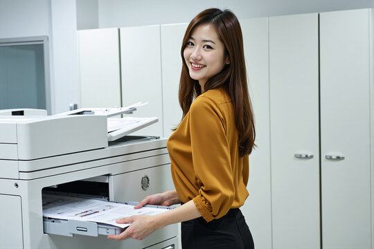 Happy young asian office worker or female assistant in a yellow blouse smiling at the camera while using a multifunction printer to copy or retrieve documents from machine