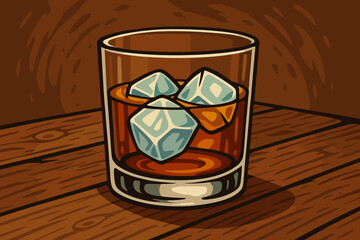 Whiskey glass with ice cubes on rustic wooden table, alcoholic drink, liquor beverage, detailed vector cartoon illustration, bar theme, classic spirit, cocktail night concept