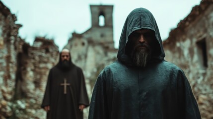 Two cloaked figures stand in eerie ruins, highlighting the shadowy atmosphere and a sense of mystery. Their presence evokes intrigue and contemplation about the past.