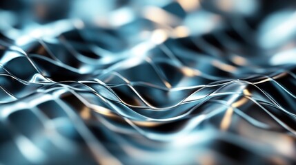 An artistic close-up of a metallic surface with shimmering wavy patterns, creating an abstract and captivating visual representation of light and movement.