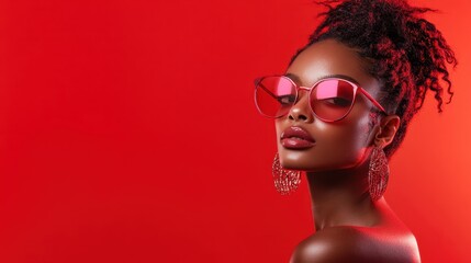 A fashionable woman wearing striking sunglasses poses confidently against a vibrant red background, embodying modern style and attitude, showcasing beauty and elegance.