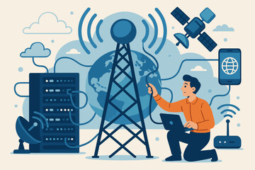 Global telecommunications network concept. Satellite communication, data center server, wireless signal, internet infrastructure, mobile device, technician connecting world. Vector illustration