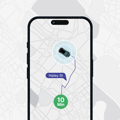 Smartphone GPS Tracking App – Car Route Tracing with Map, Destination Pin, and Arrival Time on Mobile Navigation Screen. Vector.