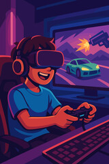 Youthful gamer in immersive virtual reality gaming session, wearing VR headset and headphones, playing competitive eSports car racing and shooting game in neon-lit room, vector cartoon illustration