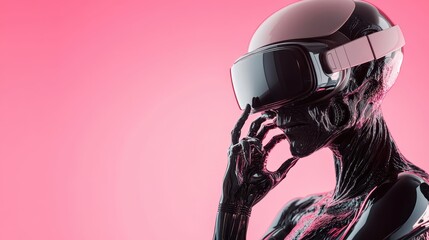 A sleek futuristic robot wearing a VR headset contemplates while posing against a vibrant pink background, representing the fusion of technology and art in modern society.